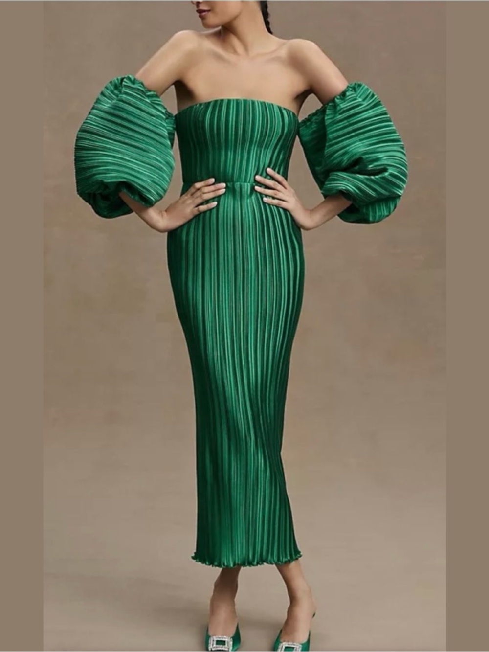 L'IDEE Sirene Plissé Off-Shoulder Puff-Sleeve Column Dress Emerald Green 10 NWT - Picture 14 of 16